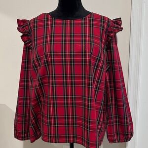 J. Crew Factory Red Plaid Ruffle-Shoulder Blouse